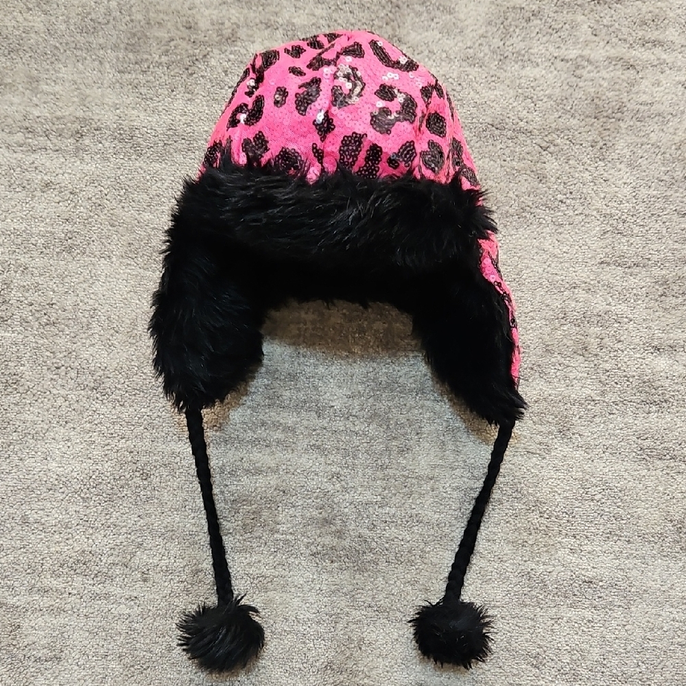 Justice Pink Leopard Kids Hat with Black Faux Fur